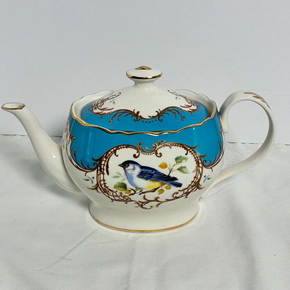 Grace Teaware Teapot Turquoise Gold Bird Filigree Scalloped Grandmillennial